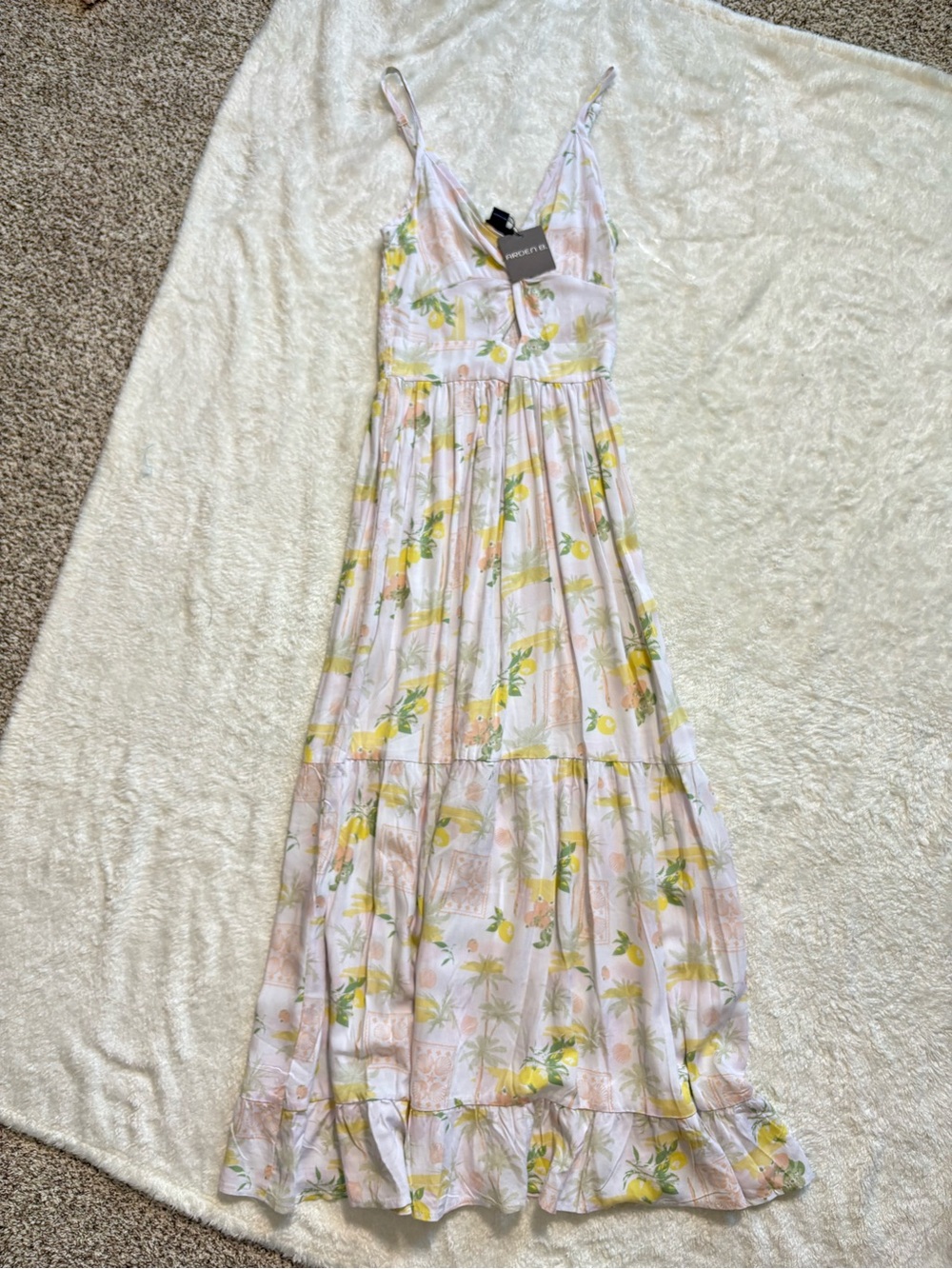Arden B. White Lemon, Palm Tree, Postage Stamp Vacation Tiered Maxi Dress